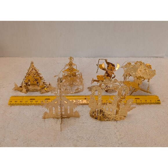 Danbury Mint 1980's Christmas Ornaments Set Of 6 Vintage Gold Plated over Brass - Picture 5 of 5
